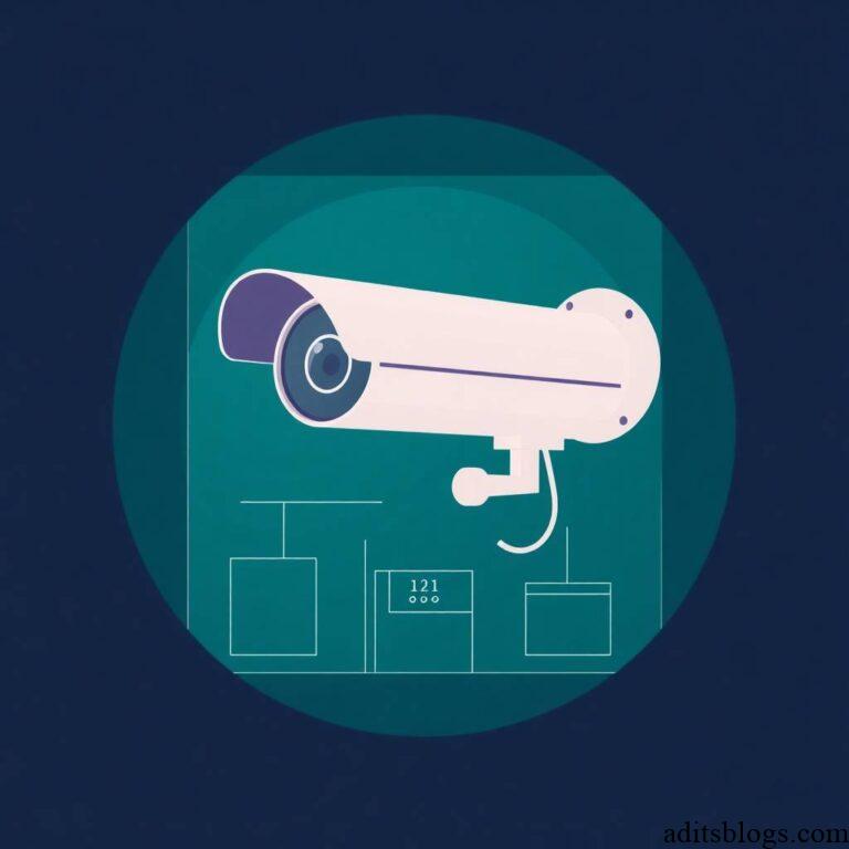 Aditsblogs - A modern flat design illustration of AI-Powered Video Surveillance, featuring rich deep teal colors, luxurious and vibrant aesthetics, simple two-dimensional shapes