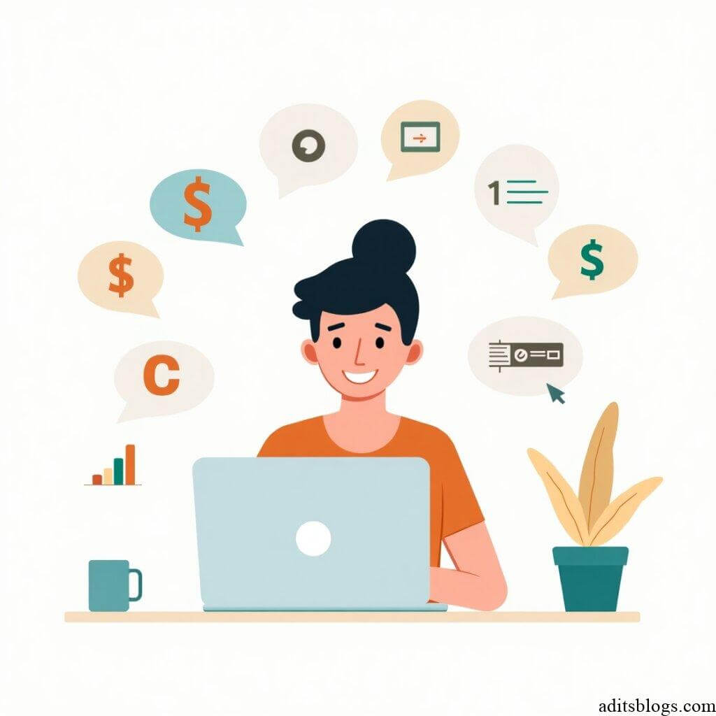 Flux Dev A person working on a blog at a laptop surrounded by 1