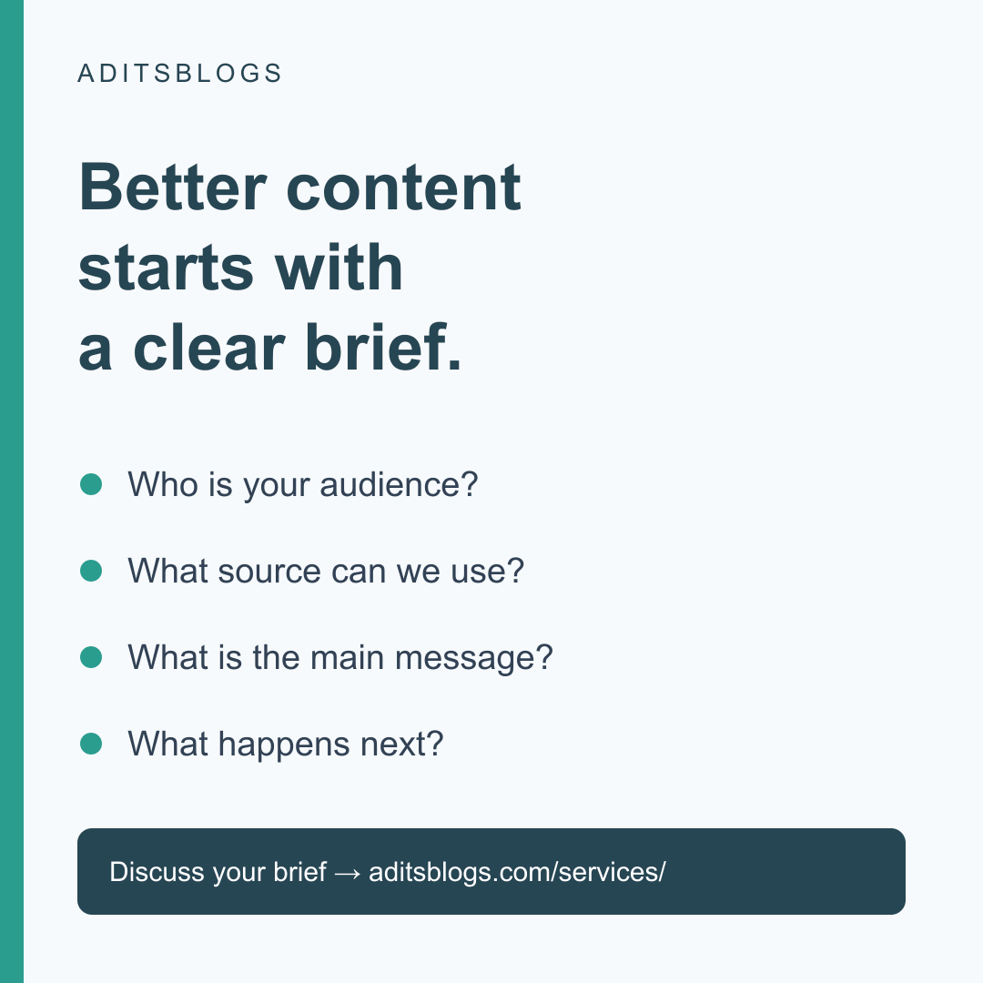 Agency Media Kit 2 AditsBlogs content brief checklist: audience, authorised source, main message and next action.
