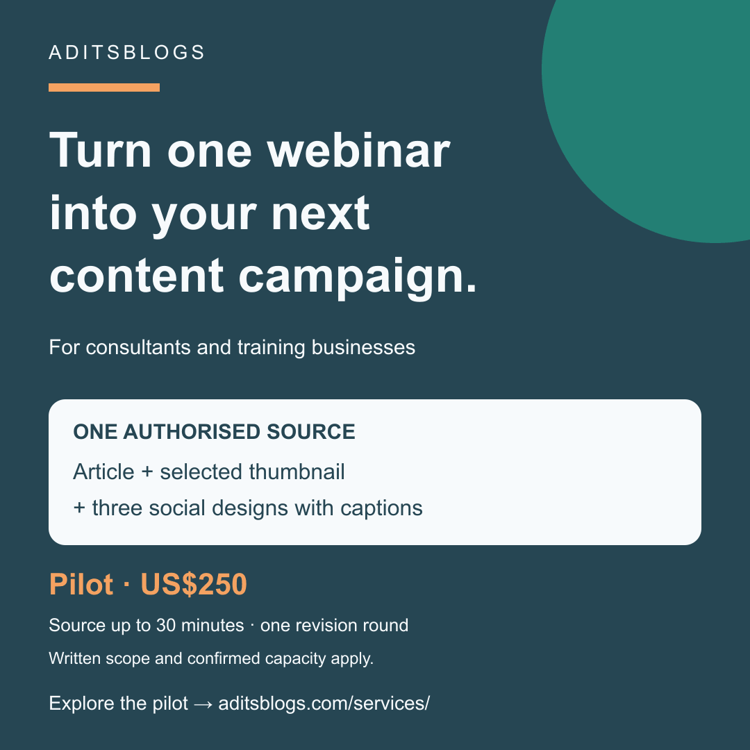 Agency Media Kit 1 AditsBlogs expertise repurposing pilot: turn one authorised webinar into an article, thumbnail and three social designs.
