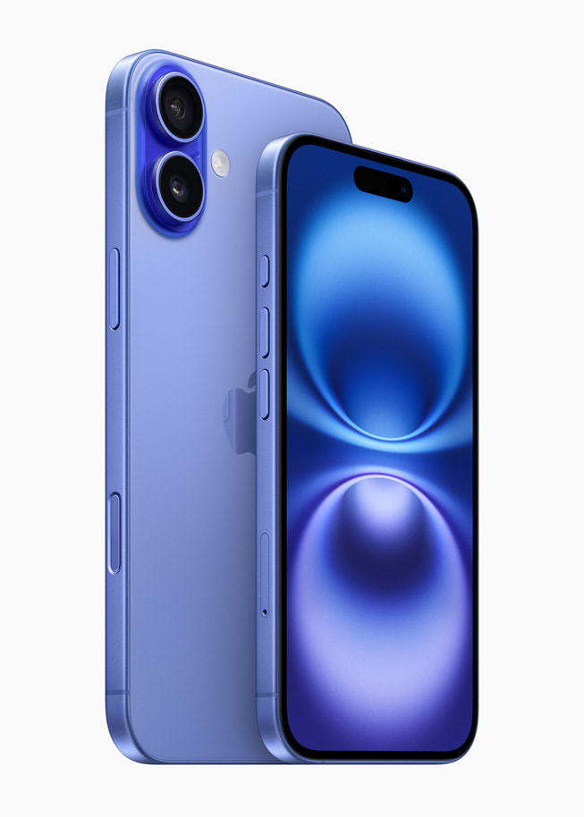 Apple iPhone 16 in Ultramarine, front and back view