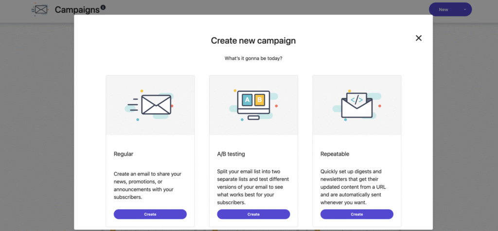 Official Moosend campaign types interface screenshot from its partner resource center.