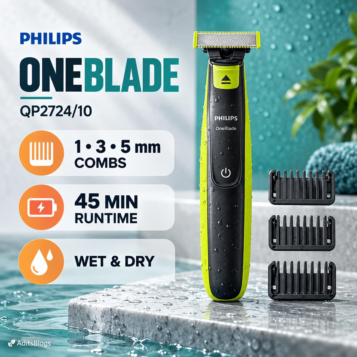 Philips OneBlade QP2724/10 with 1 mm, 3 mm and 5 mm combs, 45-minute runtime and wet-and-dry use