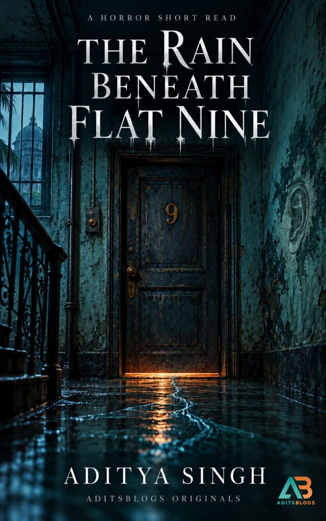 The Rain Beneath Flat Nine horror short read by Aditya Singh, featuring a dark corridor, door number nine and the AditsBlogs logo.