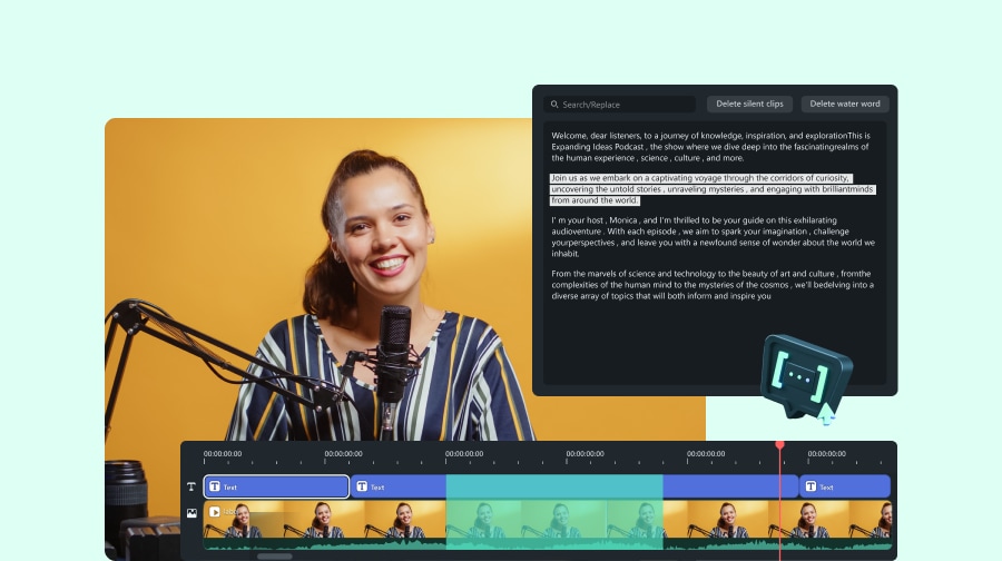 Filmora official demonstration of AI text-based video editing.